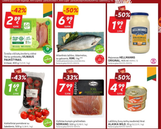 RIMI: Raudonieji ikrai – 50%, MAXIMA: Konservuotos daržovės, mėsos ir žuvies konservai – 40%. LIDL, IKI, THOMAS PHILIPPS 50 savaitės (2024.12.09–12.15) geriausios akcijos ir nuolaidos