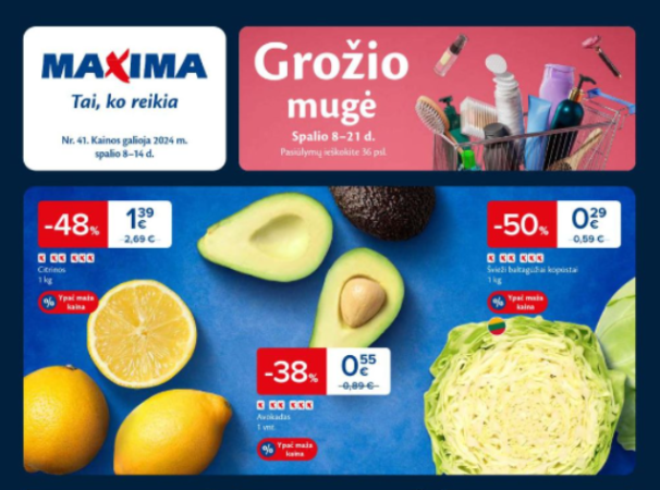 41 savaitės (2024.10.07-10.13) TOP 5 prekybos centru (MAXIMA, RIMI, IKI, THOMAS PHILIPPS ir LIDL) rekomenduojamos nuolaidos ir akcijos